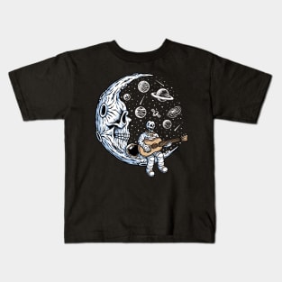 Funny Skeleton Astronaut Playing Guitar on Dead Moon Kids T-Shirt